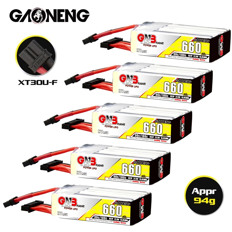 

5PCS/SET Gaoneng GNB 6S HV LiPo Battery 660mAh 22.8V 90C/180C for FPV Drone RC Helis Parts With XT30 Plug