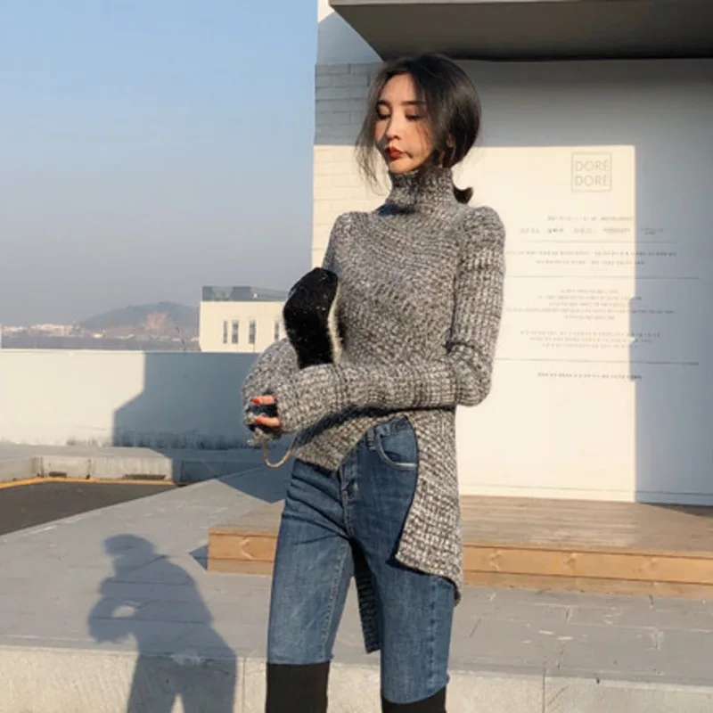 SHENGPALAE женский свитер с асимметричным подолом водолазка длинный рукав вязаный