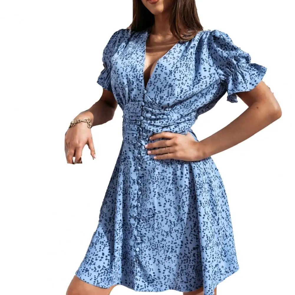 

Ladies dress Sxey Newest Summer Women Dress Printed Deep V Neck Waist Tight Mini Dresses Short Sleeve Buttons A-line Dress