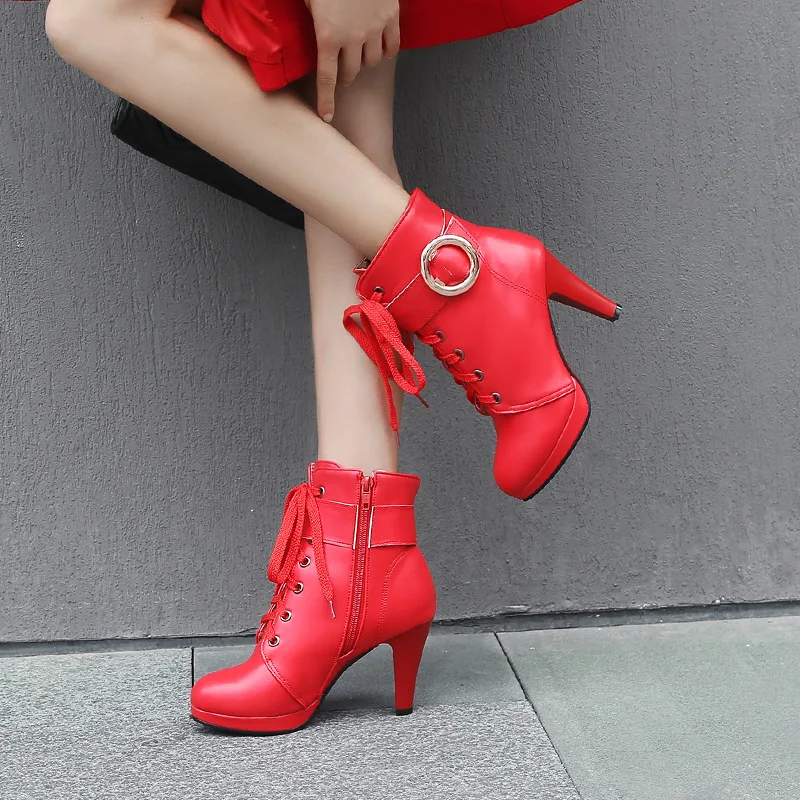 

autuspin Newest PU Leather Women Pumps Fashion Metal Decoration Pumps 2020 Ladies Sexy Platform Thin Heel Shoes Party Boots Big