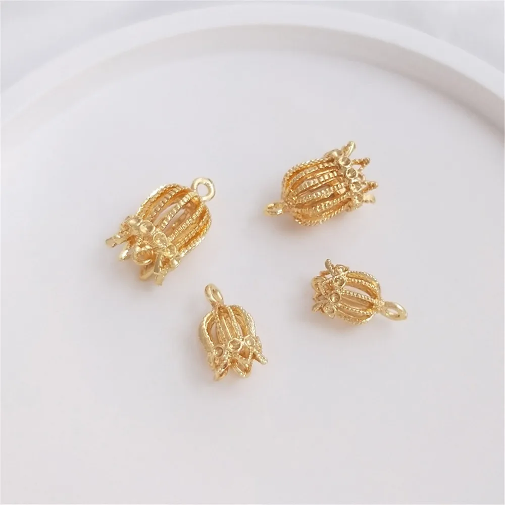 

14K Gold Filled Plated Tassel flower hat Copper bird cage DIY handmade earrings Earrings hairpin material headdress Step pendant