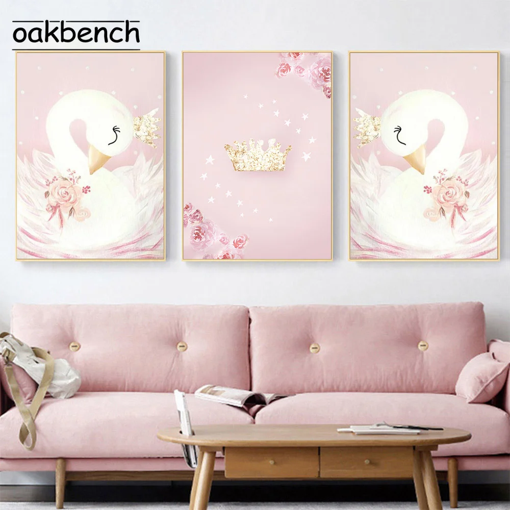 

Personalized Baby Name Poster Swan Art Print Nursery Canvas Painting Crown Posters Nordic Wall Pictures For Kids Room Decoration