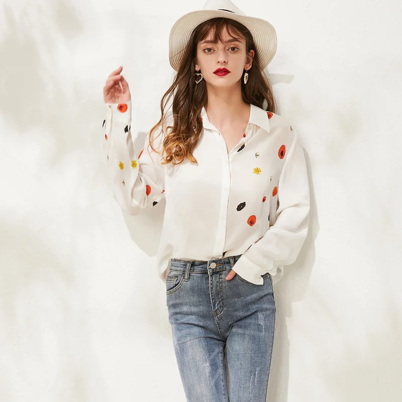 Женская шифоновая блузка с длинным рукавом Свободный Топ из натурального шелка