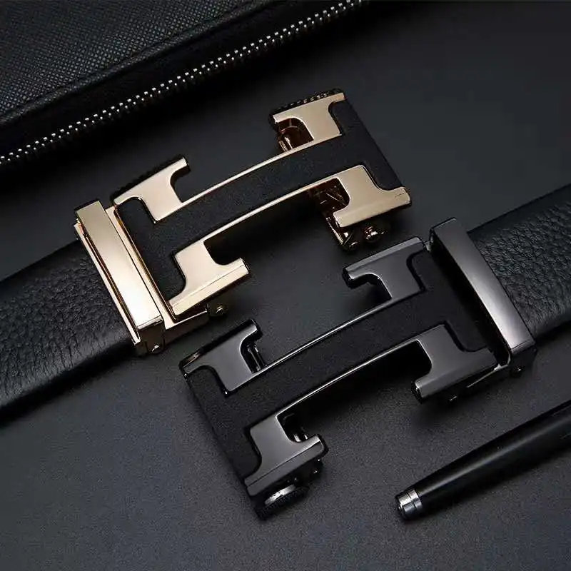 

Brand Men's Genuine Leather Trouser Belt Fashion Alloy Luxury Automatic Buckle Black Leather Simple Business Mens Belts