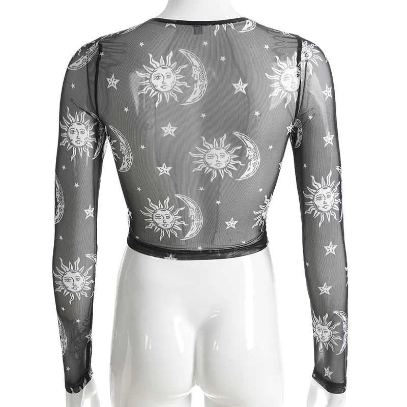 

Moon And Galaxy Print Summer 2020 Mesh T-Shirt Women Long Sleeve Gothic Crop Top Knitted Slim Transparent Sexy Tshirts