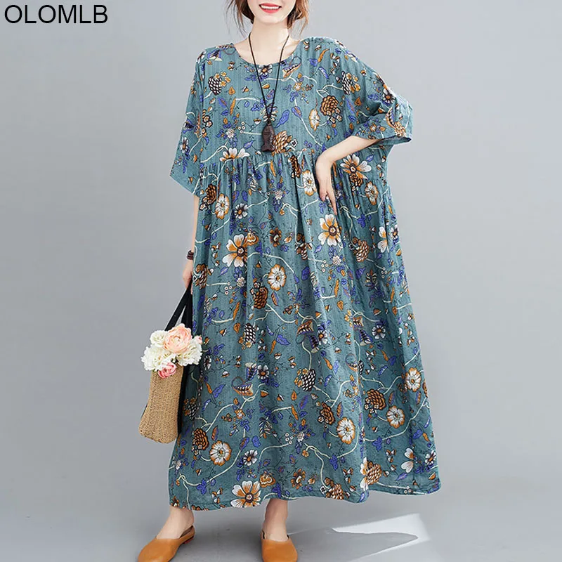 Plus Size Linen Beach Maxi Dresse Vintage Cotton Women Dress Robe Female Floral Printed Boho Summer Dresses 4XL 5XL 6XL | Женская одежда