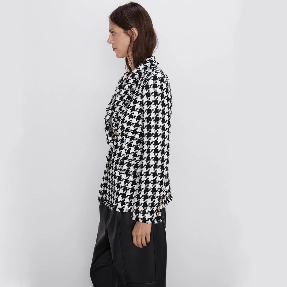 Ladyfirsy ZA клетчатые блейзеры новые осенние черные белые элегантные повседневные офисные женские короткие пальто простое двубортное зубчатое пальто