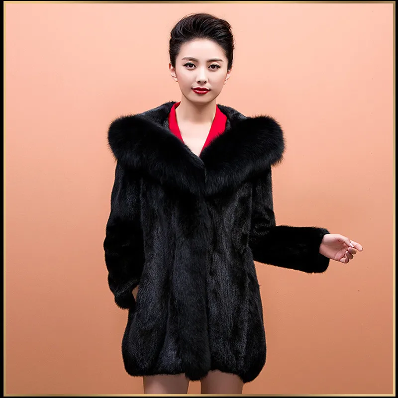 

Black Imitate Faux Fox Fur Collar Womens Long Section Casual Overcoats Female Slim 2021 Winter And AutumnFur Jackets Warm Coats