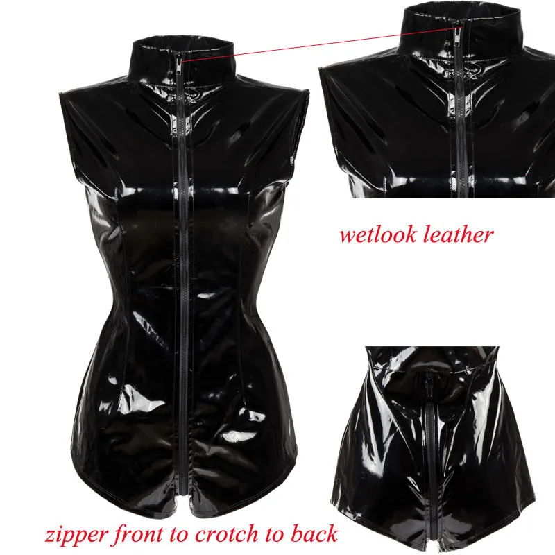 

Sexy Black Zipper Womens Erotic Thong Jumpsuit PVC Faux Leather Catsuit Stripper Pole Leotard Skeleton Bodysuit Club