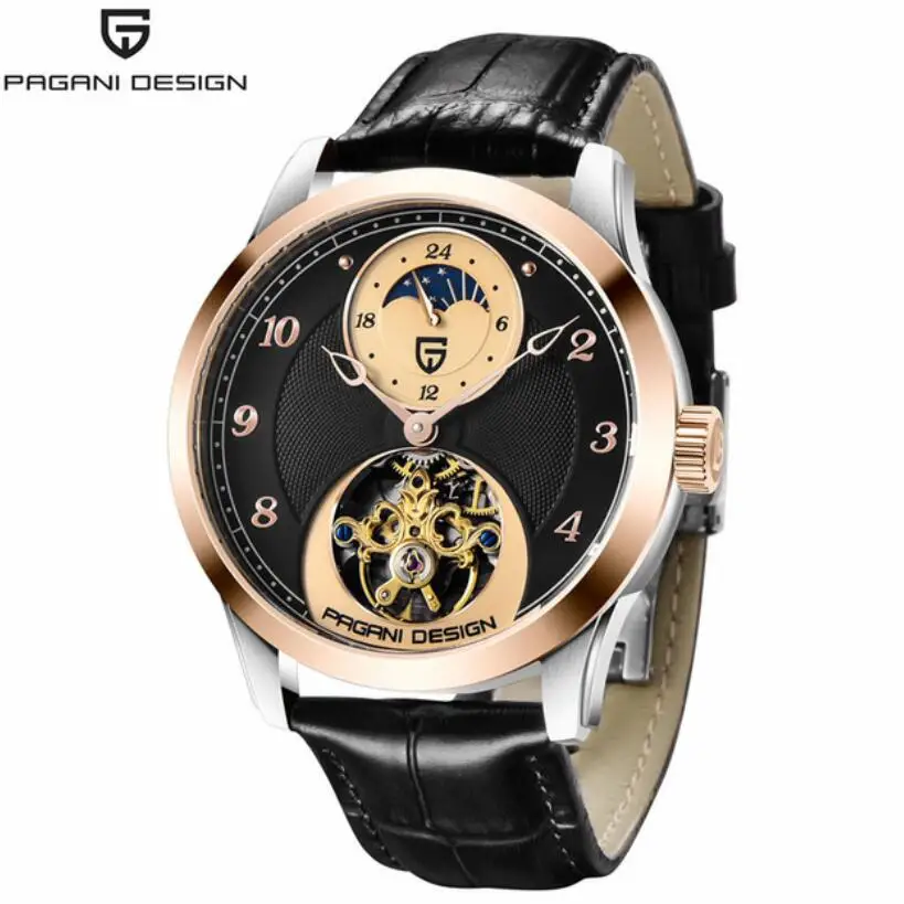 42 мм Pagani Дизайн белое золото циферблат Tourbillon Мужские часы Phase Moon кожаный ремешок