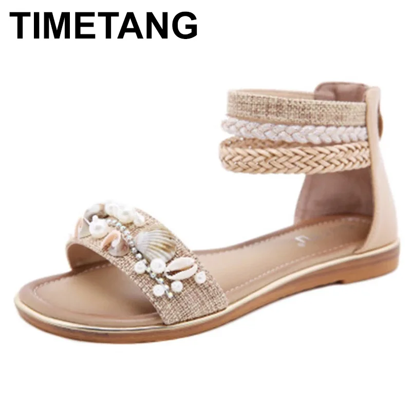

TIMETANG 2021 spring/summer fashion women casual shoes women's sandals retro beaded zipper drill women's flat shoes