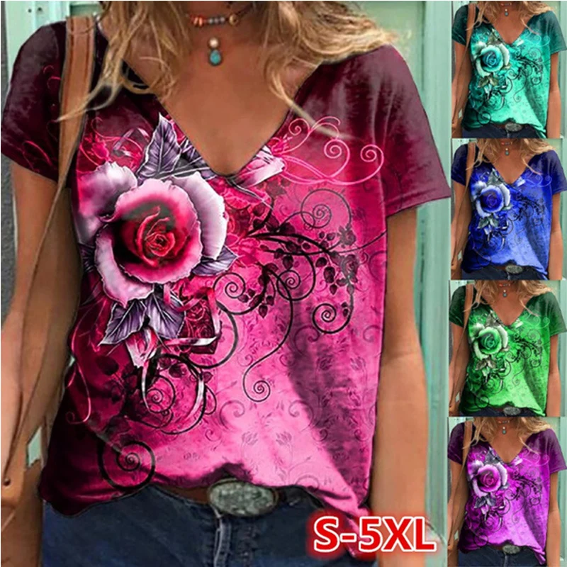 

New Fashion Rose Flower Printing Deep V-neck T-shirt Summer Plus Size Clothing Women's Casual Short-sleeved Shirt
