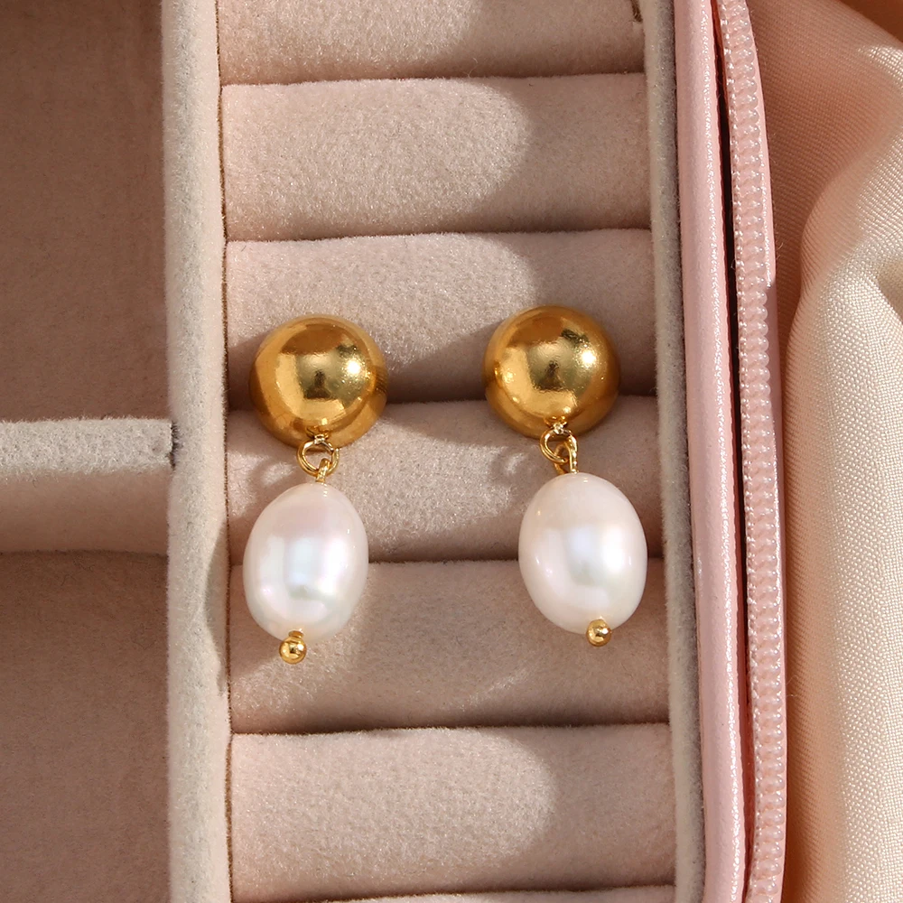 

2022 Elegant Oval Shape Freshwater Pearl Drop Earring Stainless Steel Hemispherical Gold Stud Earrings Pearl Jewelry