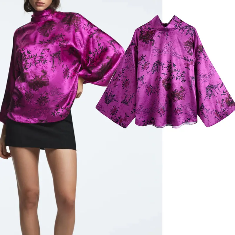 

Za Women 2021 Fashion Back Bow Soft Touch Loose printing Blouses Vintage Half high collar Long Sleeve Female Shirts Chic Tops