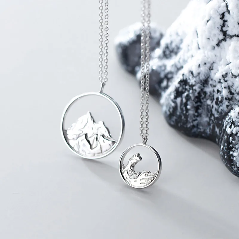 

100% 925 Sterling Silver Round Hollow Mountain Pendant Necklace Women Couple Necklaces Chains Fashion Jewelry Girls Female Gift