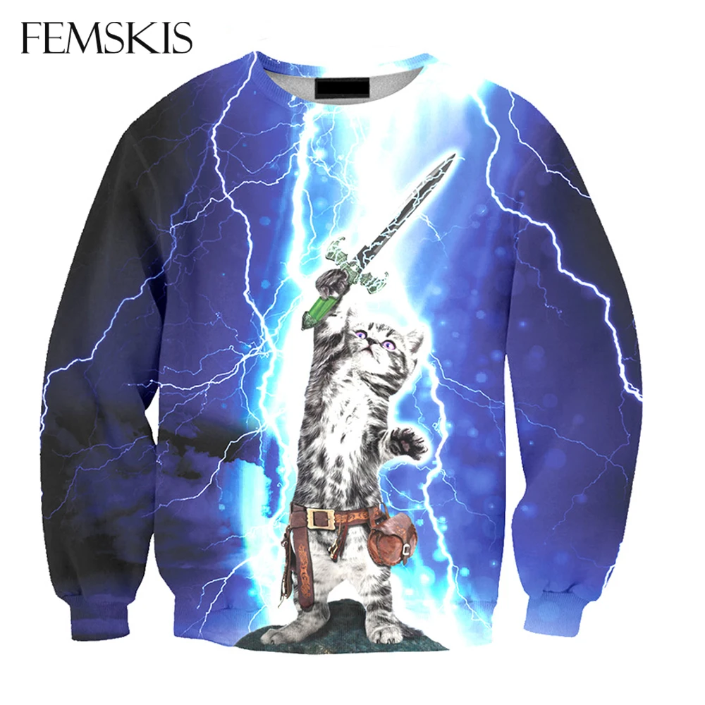 

FEMSKIS Mens 3D Printed Sweatshirt Pullover Spring Autumn Fashion Street Lightning Cat long-Sleeve Clothes