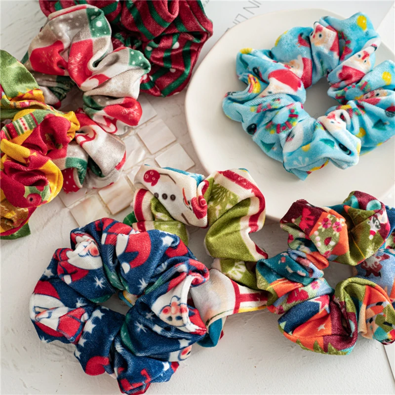 

Flannel Christmas Scrunchies Ponytail Holder Velvet Hair Rope Hair Ties Elastic Hair Bands Xmas Geometric Print Hair Accessories