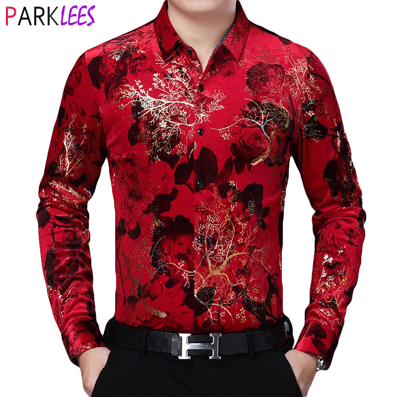 

Мужская бархатная рубашка с красными розами, роскошная приталенная велюровая рубашка с длинными рукавами и золотым принтом, повседневная м...