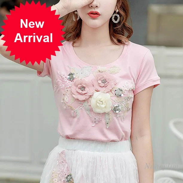 

Three-Dimensional Embroidered Flower Sequined Top Short Sleeve Cotton T-shirt Women