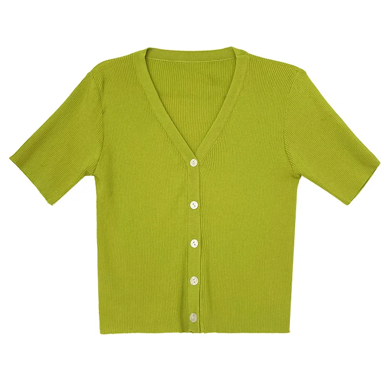 

Green Ice Silk Sunscreen Cardigan Women's Short Style Summer Air Conditioning Shirt Thin V-neck Short Sleeve T-shirt