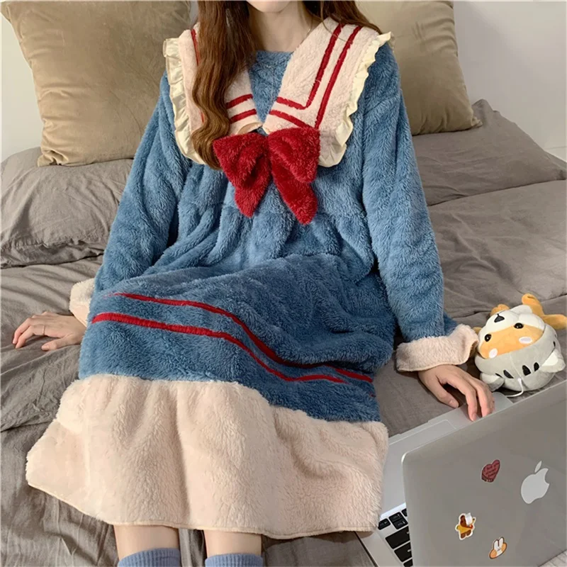 

Winter New Loose Nightgown Dress Kawaii Sailor Collar Sweet Bow Single-breasted Fleece Thicken Keep Warm Pajamas Home Pajamas
