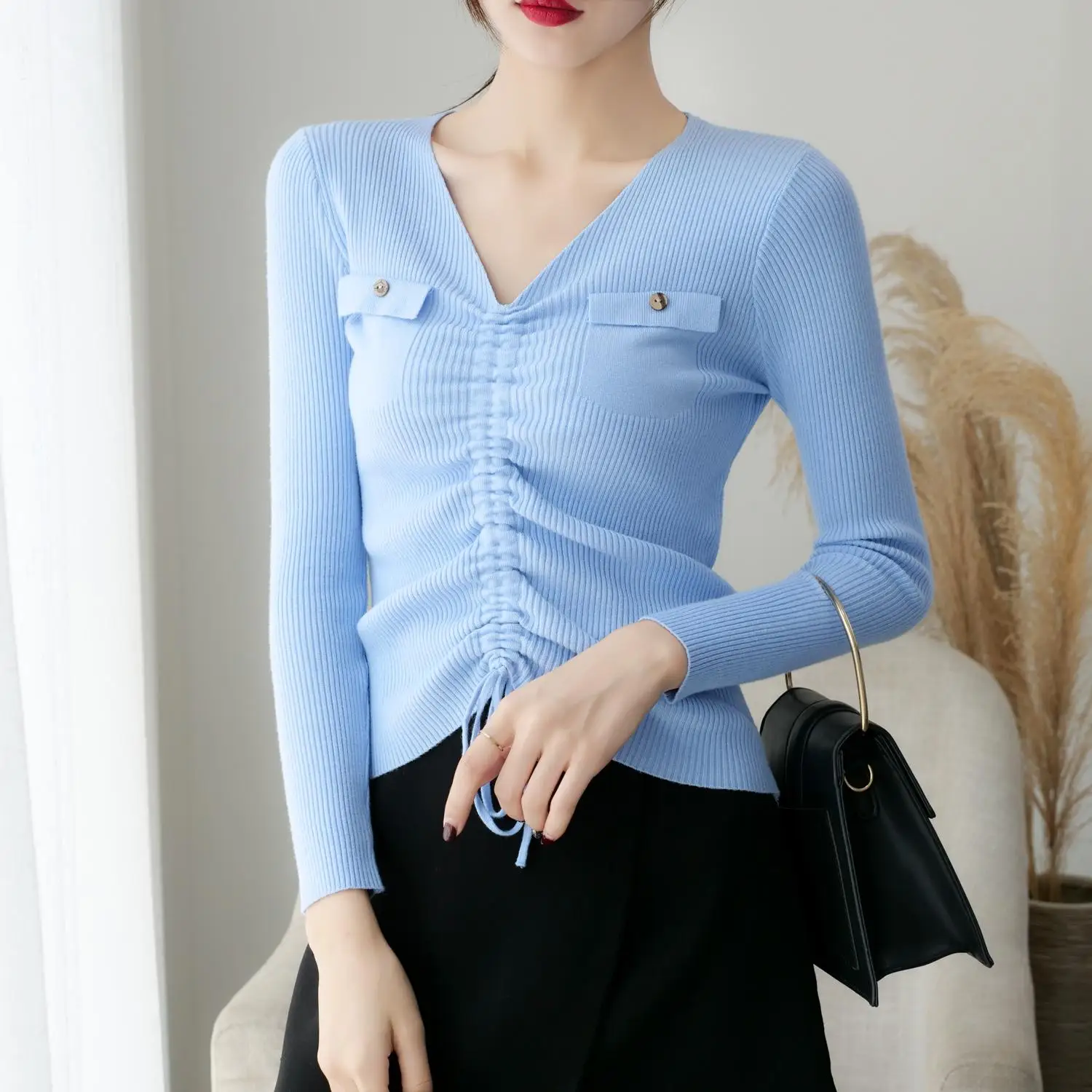 ladies sweater women autumn winter tops clothes trui dames 2019 knitted pullover knitwear draw string bow sweaters female F0933 | Женская