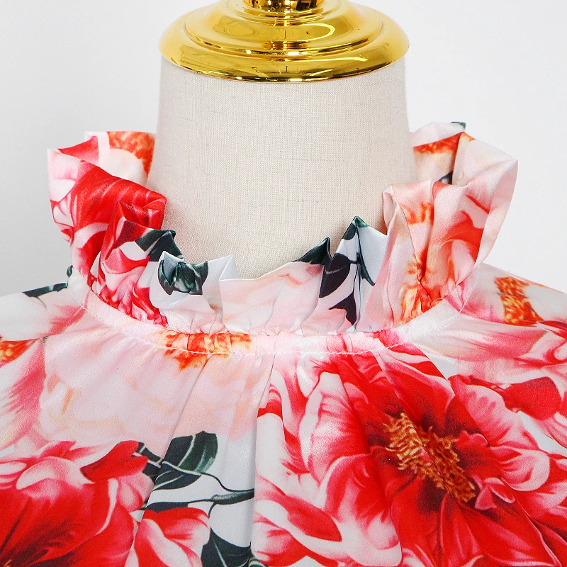 

VGH Patchwork Ruffle Print Set For Women Stand Collar Lantern Sleeve Shirt High Waist Wide Leg Pants Casual Sets Female Spring