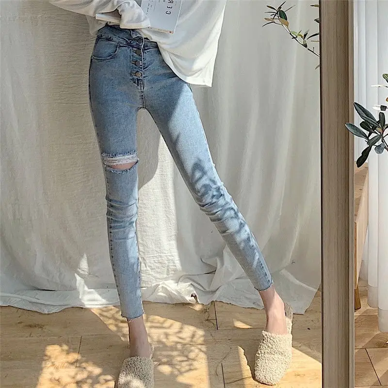 

Women 2021 Spring Summer Fashion Holes Ripped Jeans Female High Waist Denim Trousers Ladies New Slim Tights Pencil Pants P54