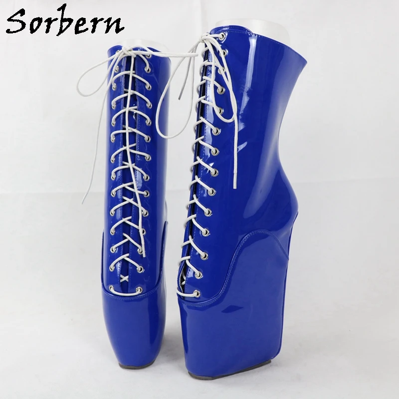 Sorbern Blue Shiny Ankle Women Boots Heelless Ballet Wedge Boot Hoof Heelless Lace Up Fetish High Heel Boots BDSM Booties