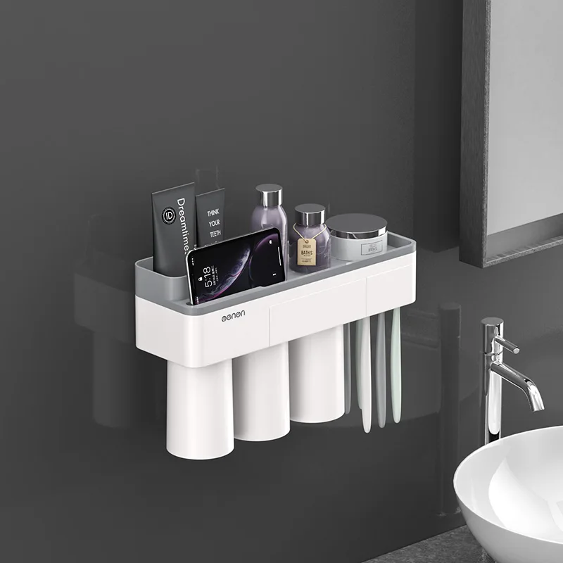 Gray 3 Cups BAISPO магнитный держатель для зубной щетки с адсорбцией с 4 чашками настенный держатель для ванной комнаты Чехол Набор аксессуаров для ванной комнаты - Color: Gray 3 Cups