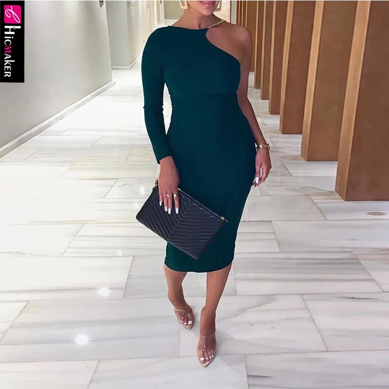 Women One Shoulder Bodycon Midi Dress Solid Chic Stretch Spring Fall Knee-length Sexy &amp Club Party Vestido | Женская одежда