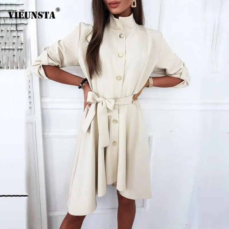 

Женское однобортное простое платье-рубашка, элегантное однотонное праздничное платье с отложным воротником и пуговицами, Осень-зима