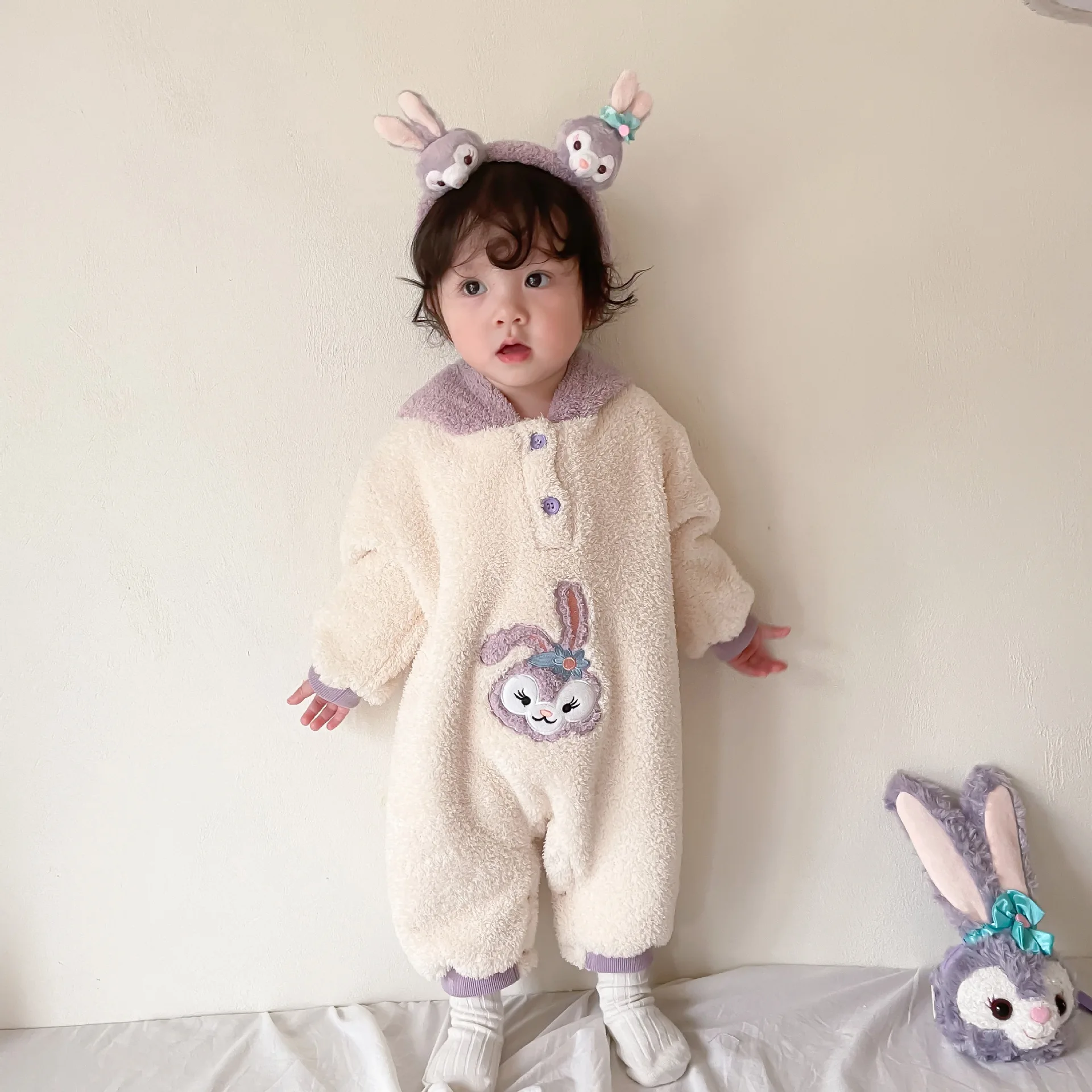 

Baby Siamese Clothes Climbing Clothes Purple Rabbit Plush Fluffy Baby Newborn Clothing Bags + Headbands