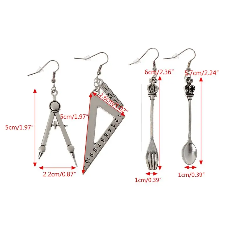 Асимметричные серьги в стиле Харадзюку вилка треугольник линейка античное