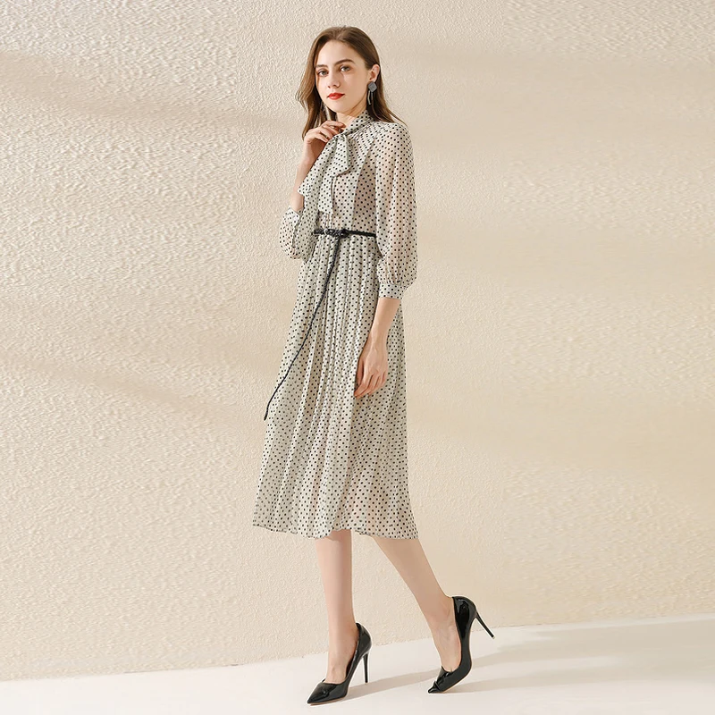 

Long Dress New Women'S Lapel Ribbons Fashion Belts Slim Polka Dot Printing Casual Vintage Elegant Chic Chiffon Dresses