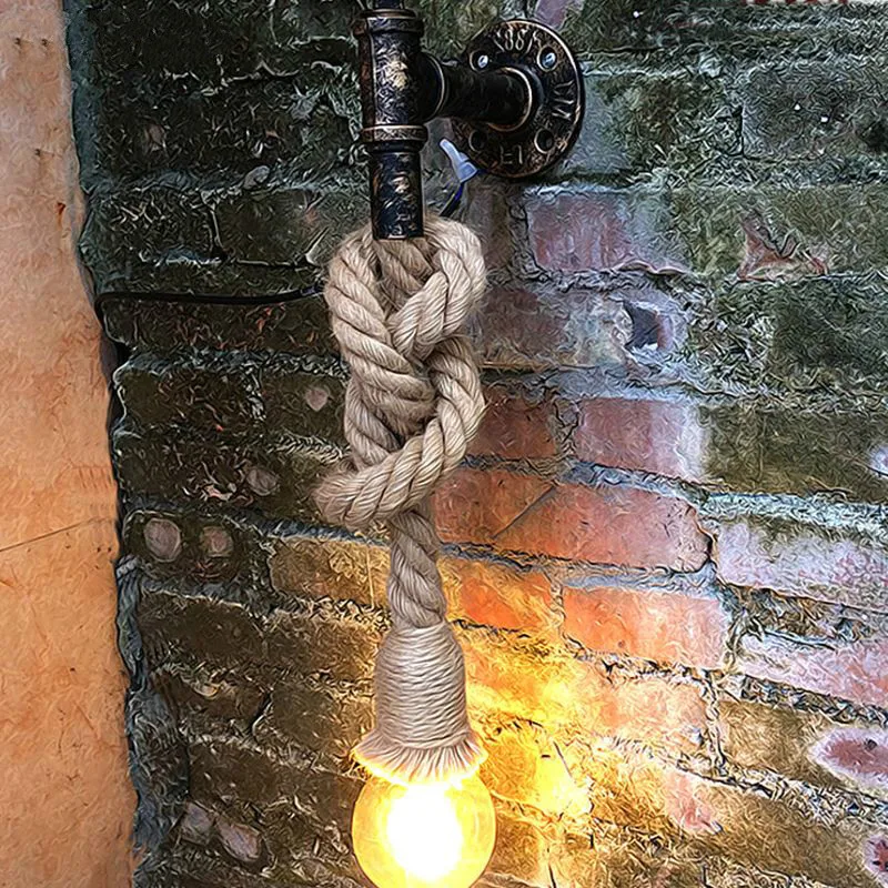 Винтажный настенный светильник водопровод пеньковая веревка E27 Ретро Железный