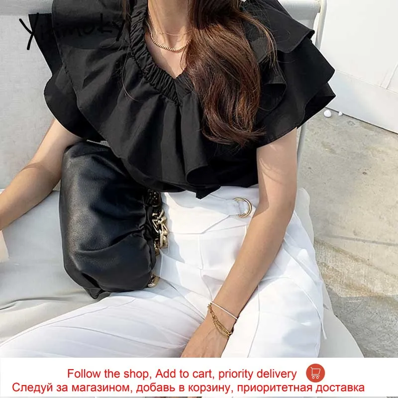 

Yitimoky Vintage Women Tops V-Neck Spliced Ruffle 2021 Summer Fashion Korean Ruched Flare Sleeve Loose Pullover Casual Shirts