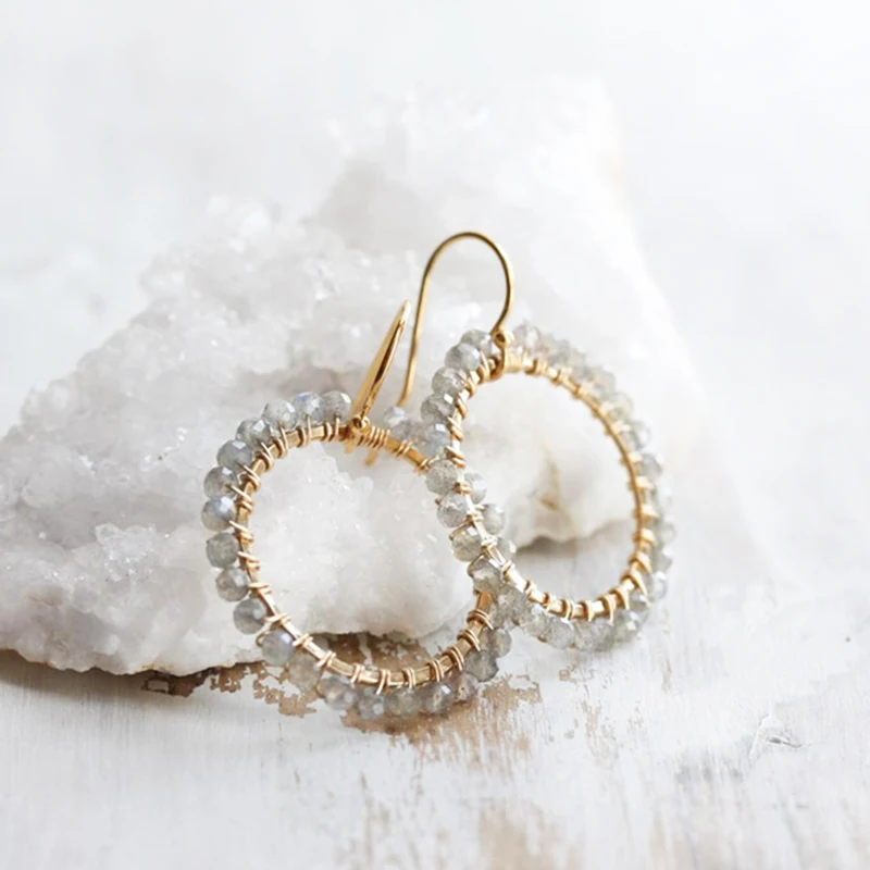 

14K Gold Filled Circle Earrings Natural Moonstone Brincos Hammered Gold Jewelry Oorbellen Boho Pendientes Women Drop Earrings