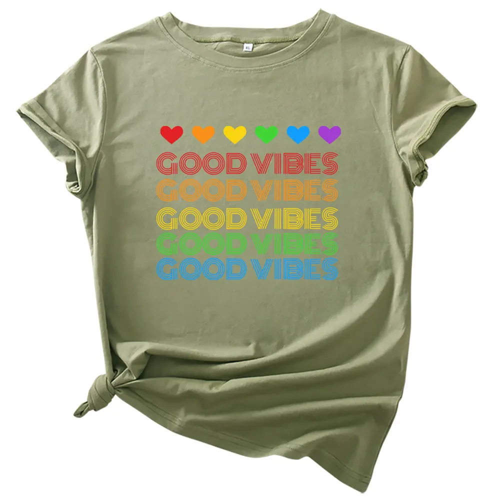 MK GOOD VIBES сердце С принтом Футболка с короткими рукавами для женщин хлопковая