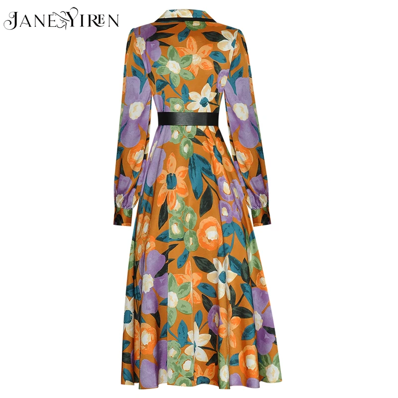 

Janeyiren Fashion Designer Autumn Dress Women's Turn-down Collar Long Sleeve SashesDouble Breasted Floral print Midi Dress