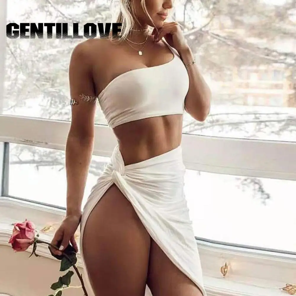 

New Arrival Sexy Crop One Shoulder Top and Irregular Skirt Two Piece High Street Solid Outfits Female Party Club Outwear Suits