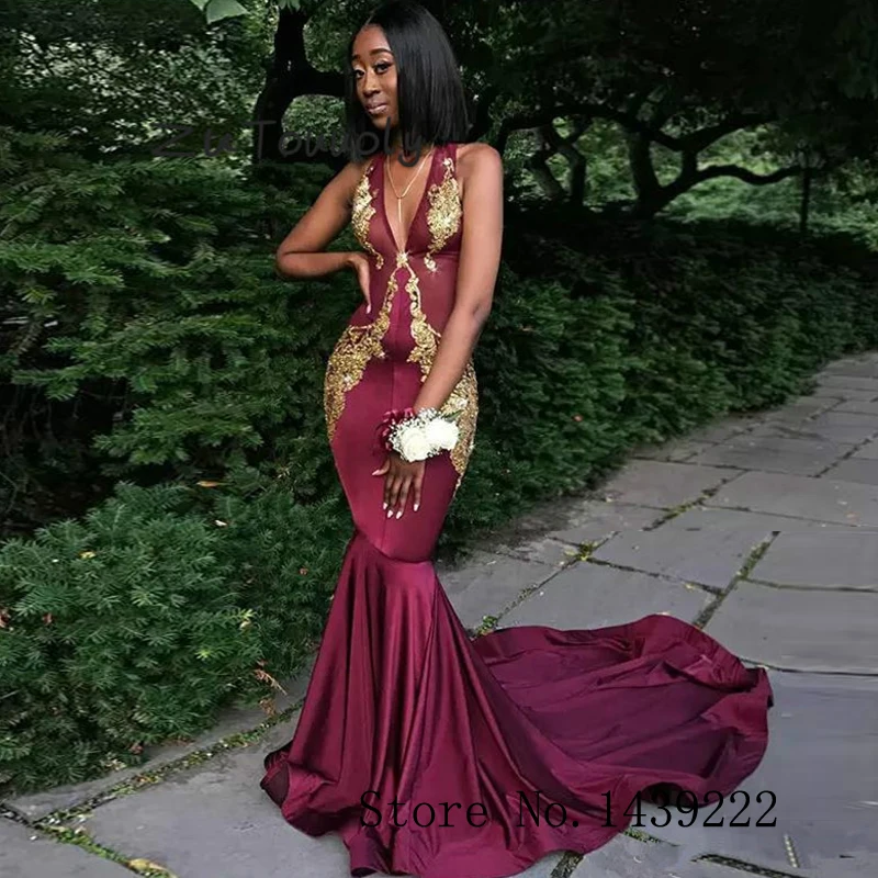 

Burgundy Trumpet Evening Dress V Neck Golden Appliques Sleeveless Prom Backless Formal Dresses Robe De Soiree Evening Party Gown