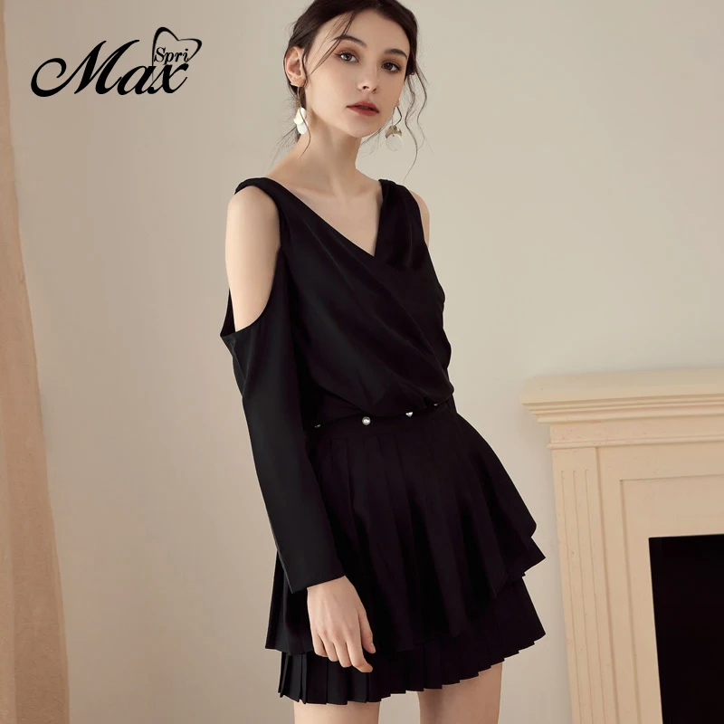 Женский комплект из топа и мини юбки с V образным вырезом длинным рукавом| |