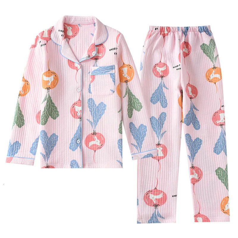 

Full Cotton Pajamas Set Kimono Causal Pure Cotton Woman Long Sleeve Layers Cartoon Print Spring Thickening Homewear Suit Yukata
