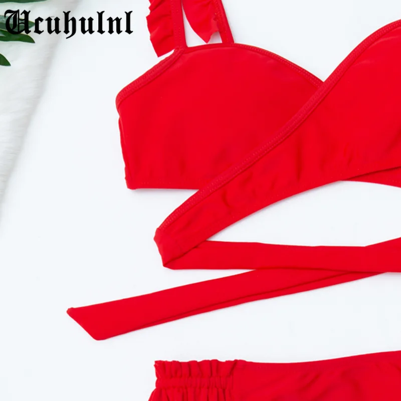 

Lolita High cut swimwear female Ruffle bikini 2021 Bandage swimsuit women Bandeau swimming suit Solid bathing suit biquini