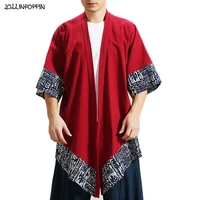 japan style men loose kimono jacket haori open placket linen cardigan asymmetric bottom printed pattern patchwork thin coat