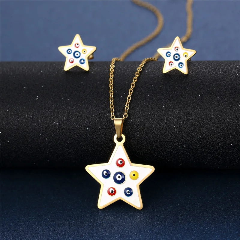 

New Fashion Evil Eyes Star Necklace Earrings Jewelry Set For Women Enamel Necklace Stainless Steel Earrings Couple Jewelry Gift