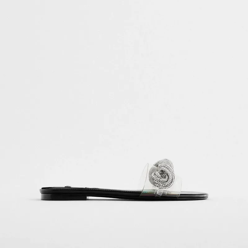 

Female Shoes Low Rubber Flip Flops Transparent Slippers Slides Butterfly-Knot Cross-Tied Lace-Up 2021 Hawaiian Flat Glitter Crys