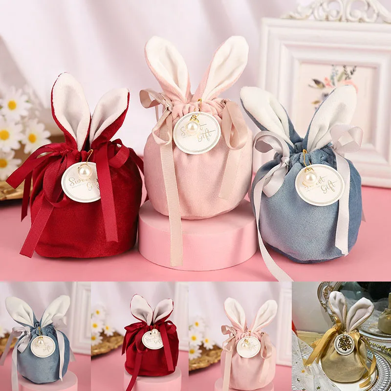 

10 шт., бархатные пакеты для упаковки украшений в виде кролика
