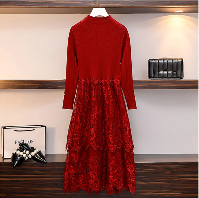 Женское трикотажное лоскутное кружевное платье HAMALIEL размера плюс осенне-зимнее